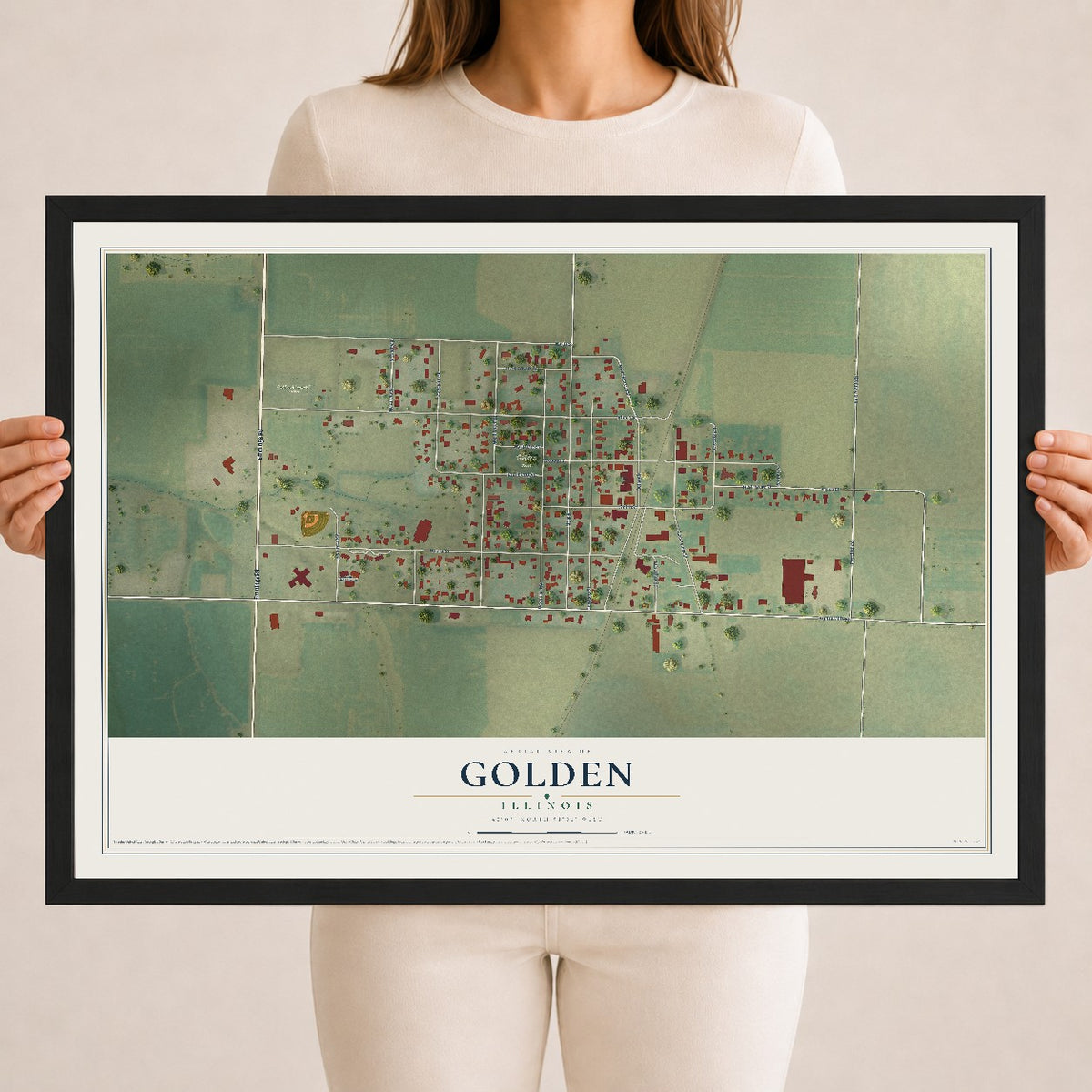 Map of Golden, Illinois, 18 x 24 inch print in a black wood frame