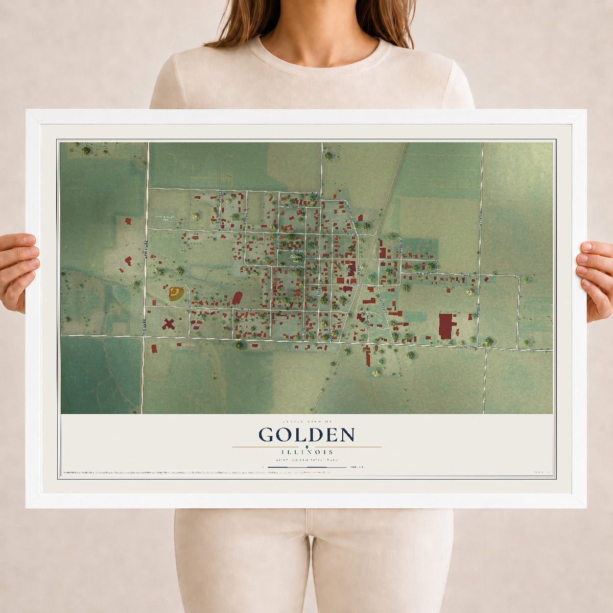 Map of Golden, Illinois, 18 x 24 inch print in a white wood frame