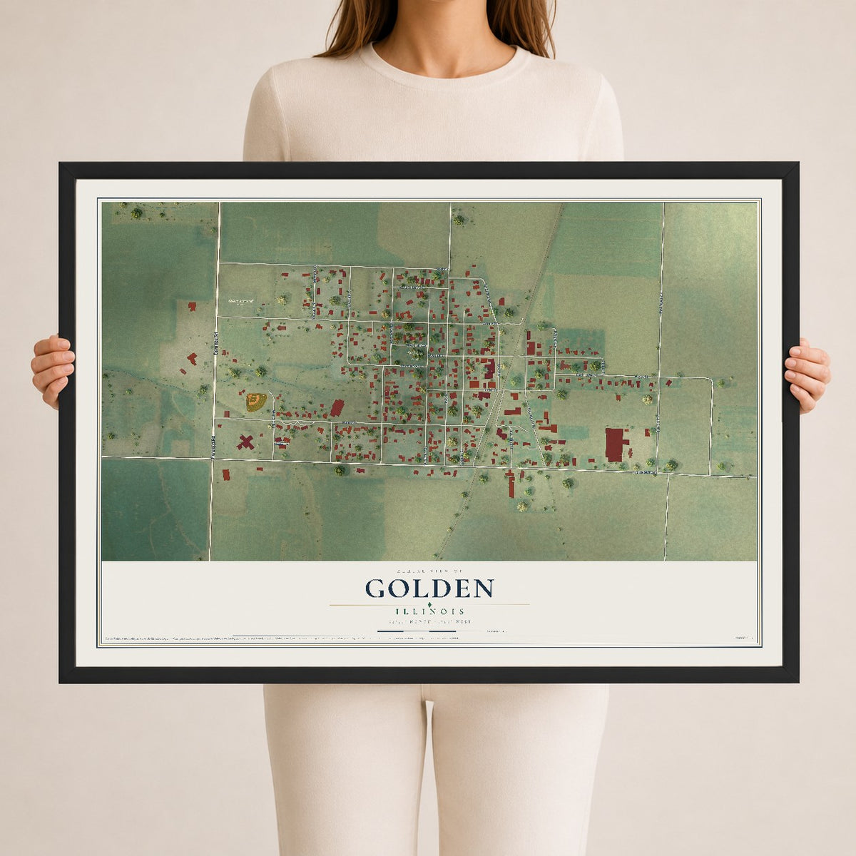 Map of Golden, Illinois, 24 x 36 inch print in a black wood frame