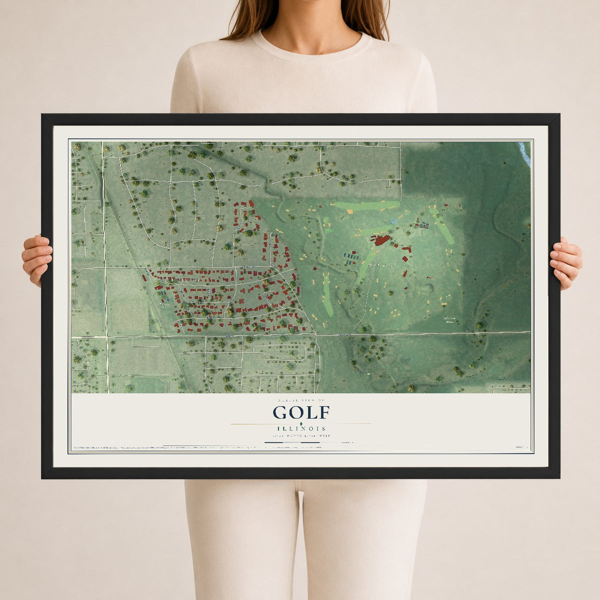 Map of Golf, Illinois, 24 x 36 inch print in a black wood frame