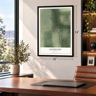 Goodenow, Illinois map, 18 x 24 inch print in a black frame in a home office
