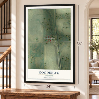 Goodenow, Illinois map, 24 x 36 inch print in a black frame by a staircase