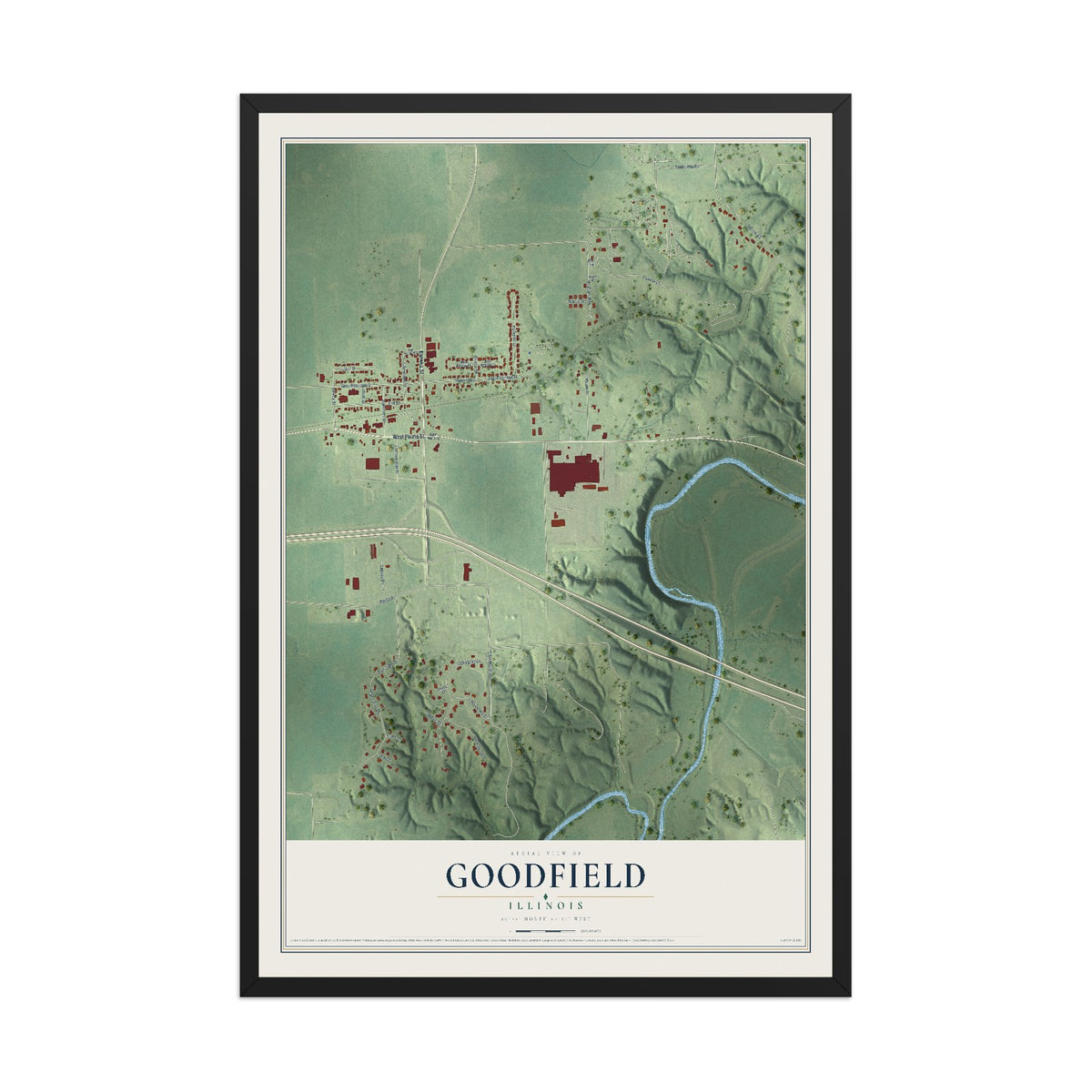 Map of Goodfield, Illinois, 12 x 18 inch print in a black wood frame