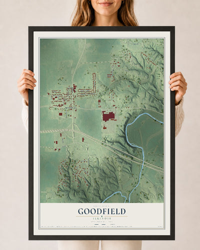 Map of Goodfield, Illinois, 24 x 36 inch print in a black wood frame