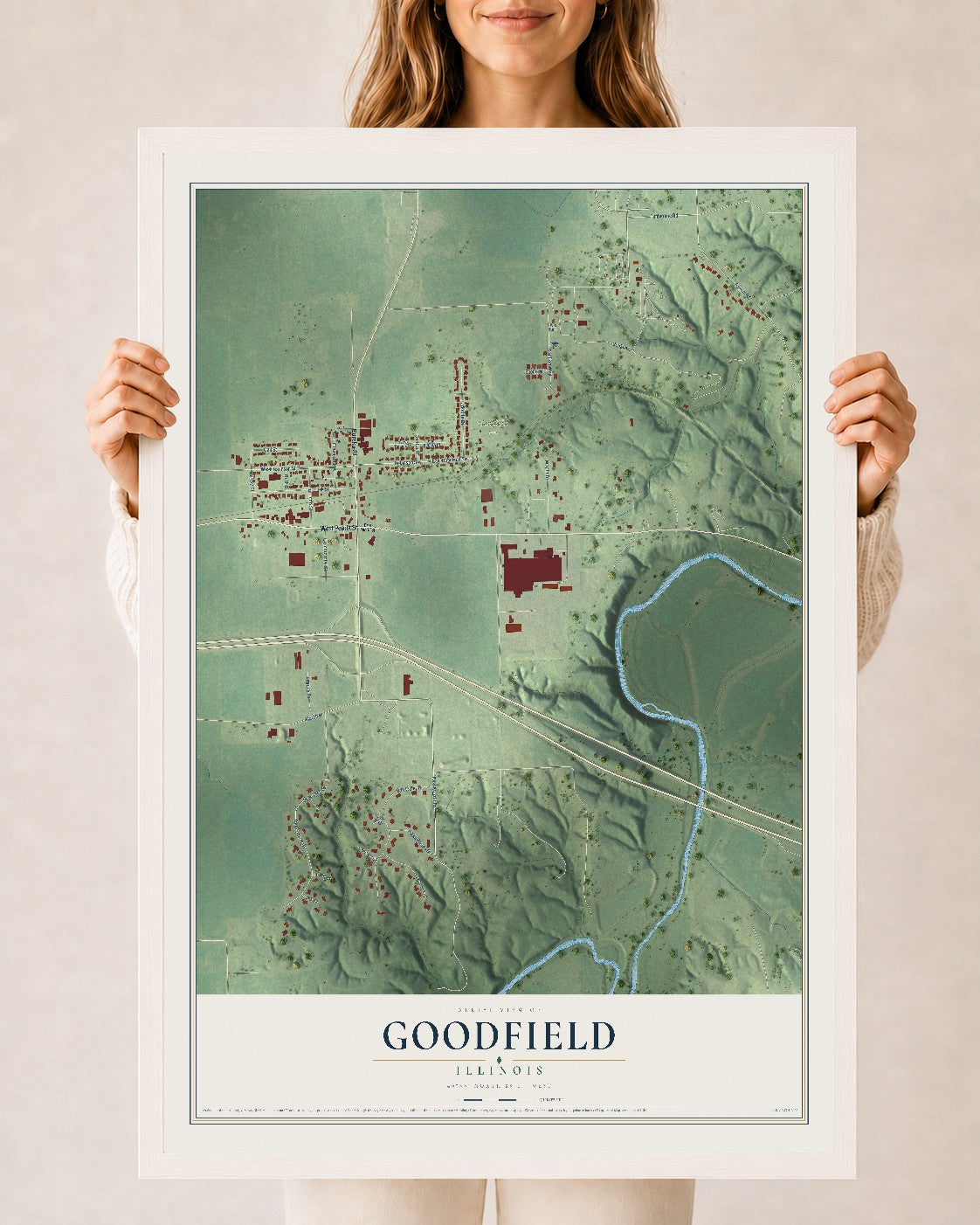 Map of Goodfield, Illinois, 24 x 36 inch print in a white wood frame