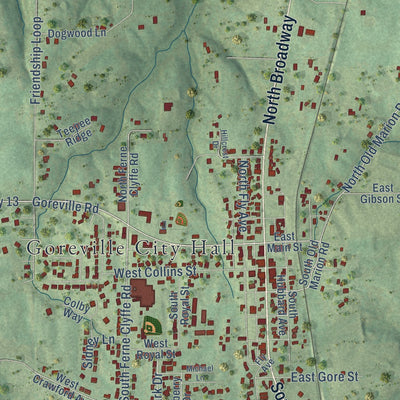Close-up of the map of Goreville, Illinois print showing street and building detail