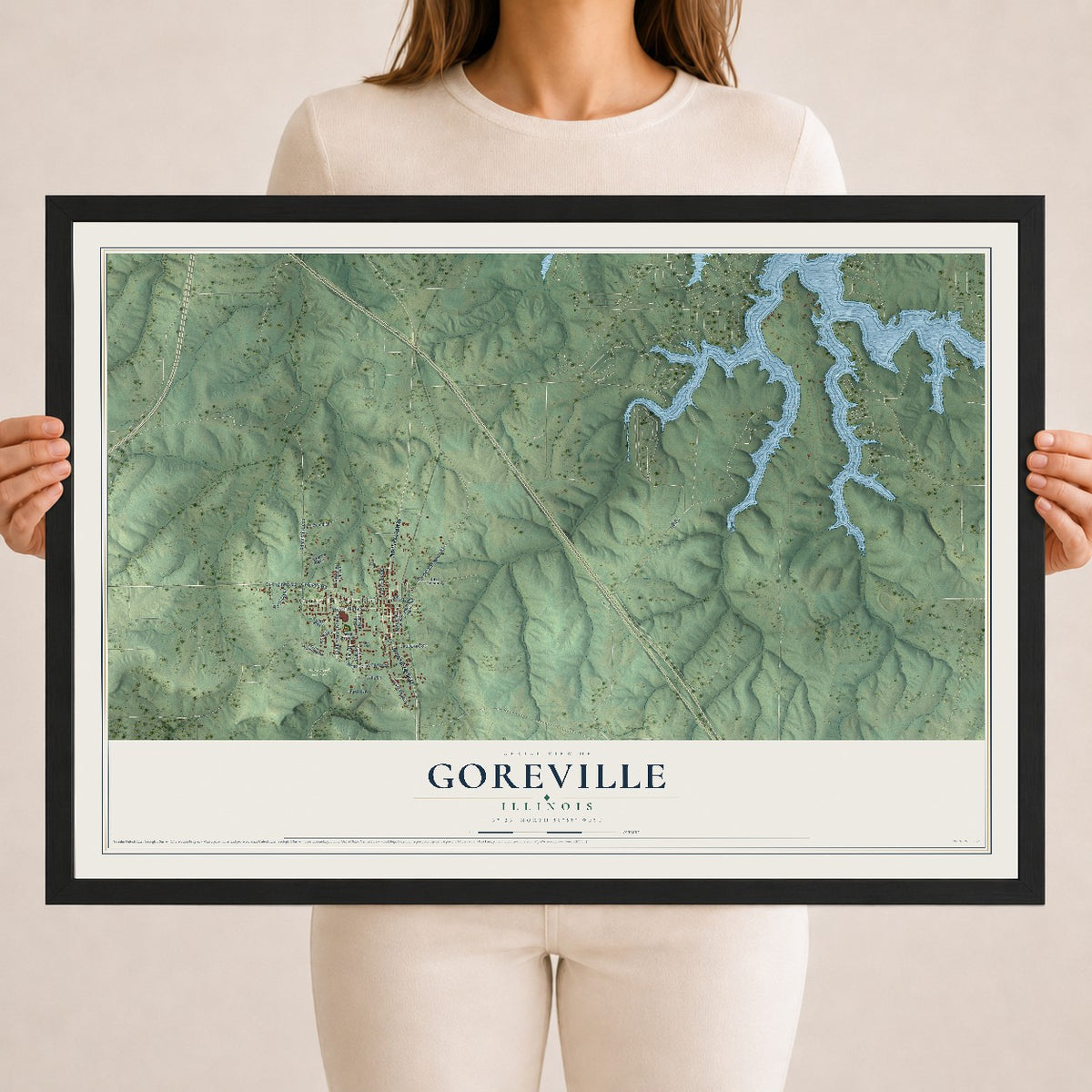 Map of Goreville, Illinois, 18 x 24 inch print in a black wood frame