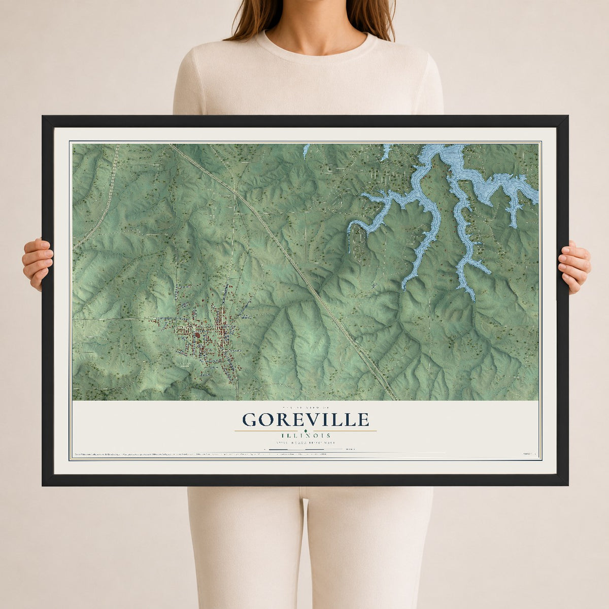 Map of Goreville, Illinois, 24 x 36 inch print in a black wood frame