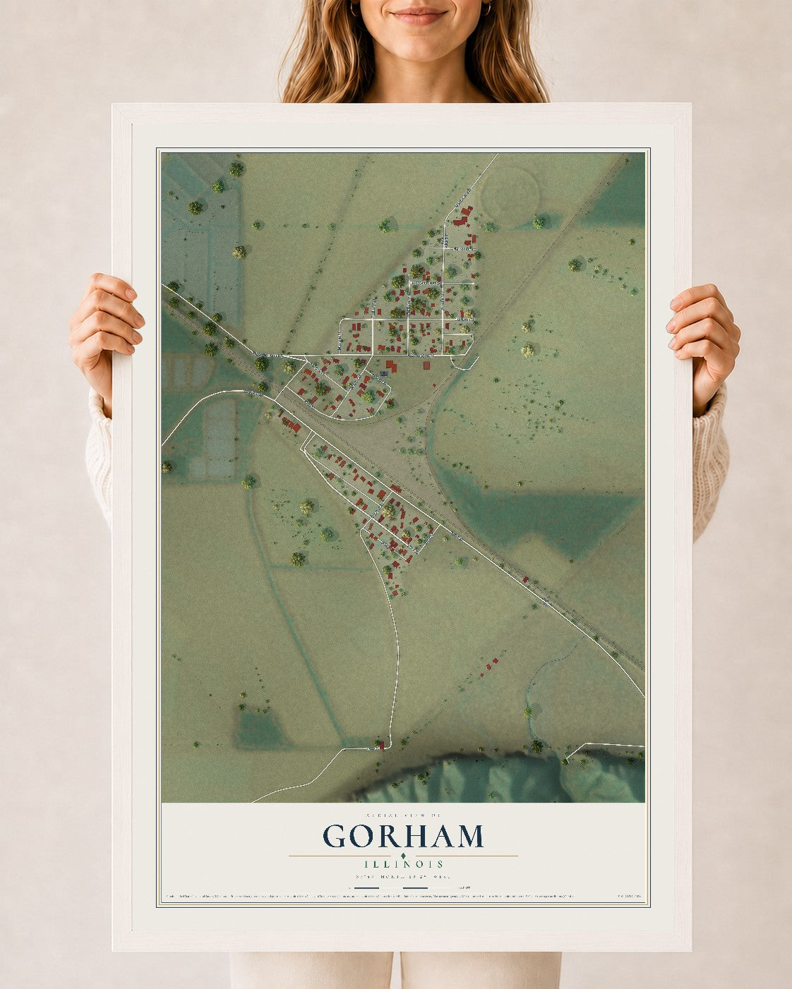 Map of Gorham, Illinois, 24 x 36 inch print in a white wood frame