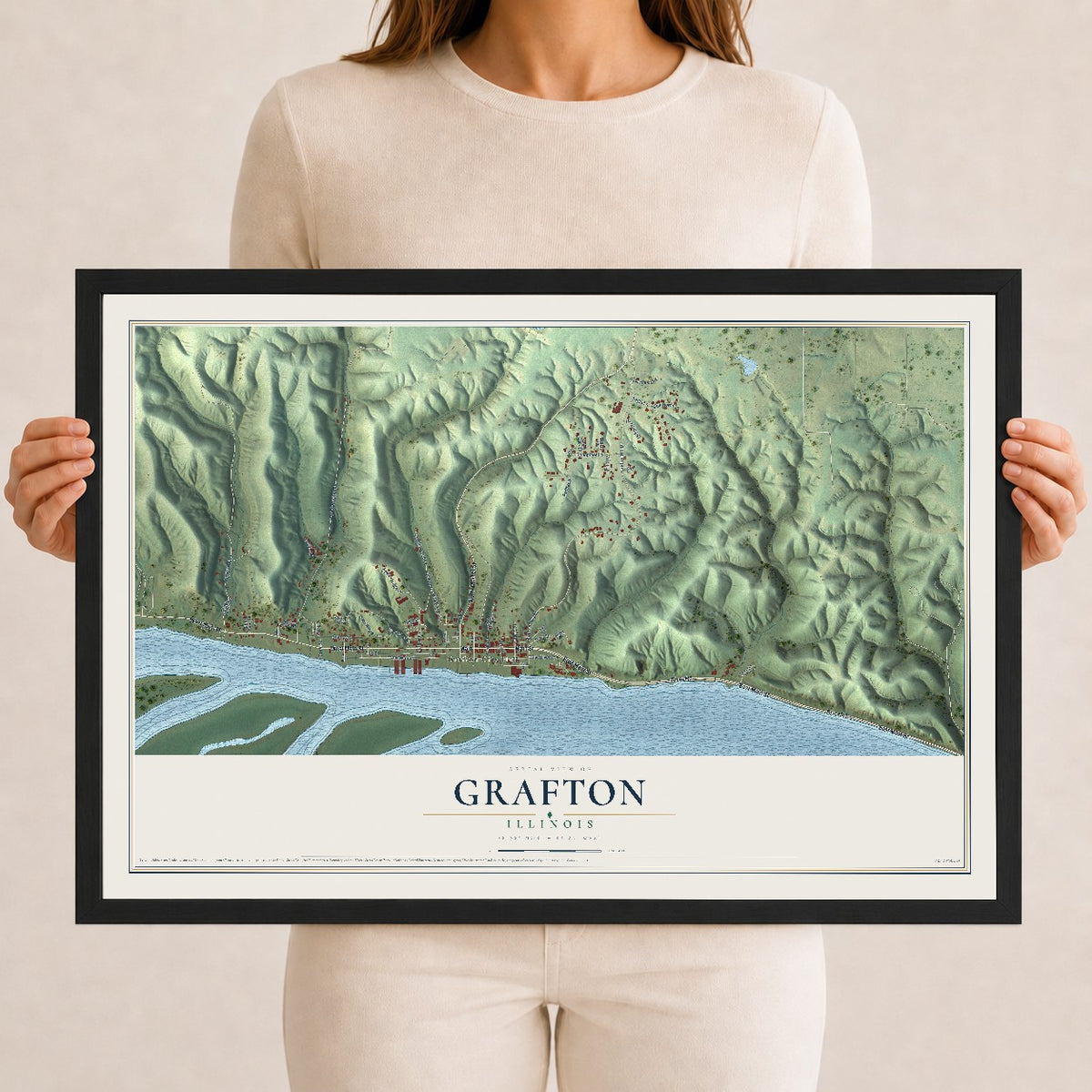 Map of Grafton, Illinois, 12 x 18 inch print in a black wood frame