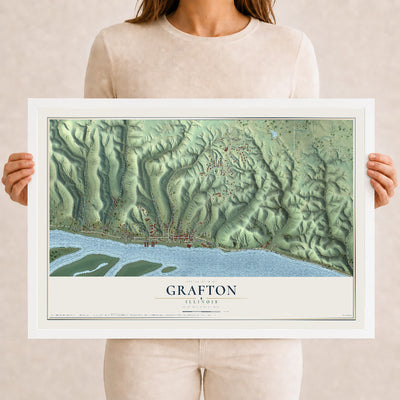 Map of Grafton, Illinois, 12 x 18 inch print in a white wood frame