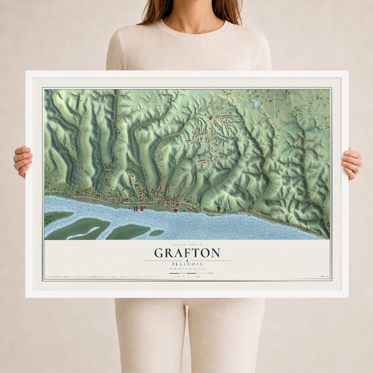 Map of Grafton, Illinois, 24 x 36 inch print in a white wood frame