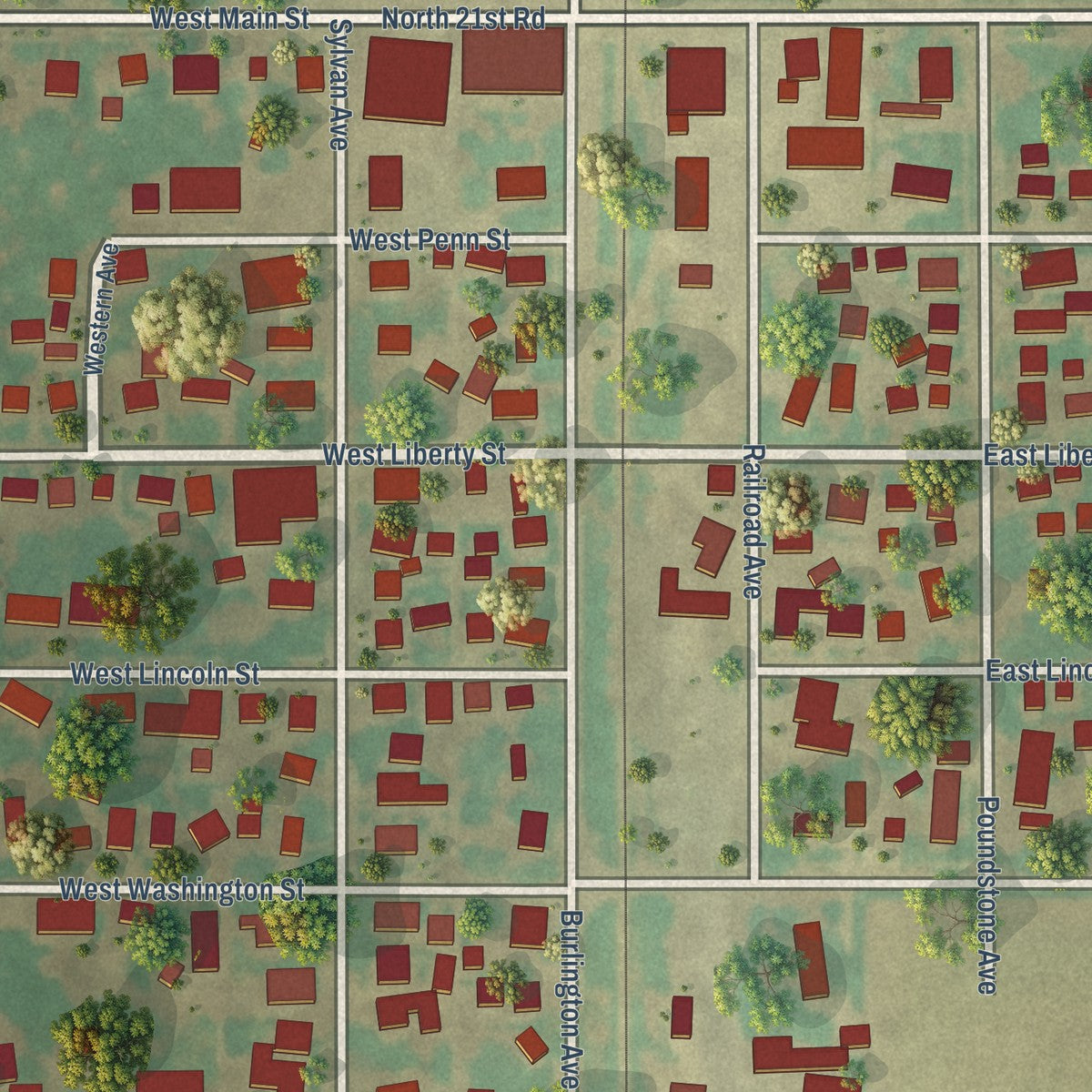 Close-up of the map of Grand Ridge, Illinois print showing street and building detail