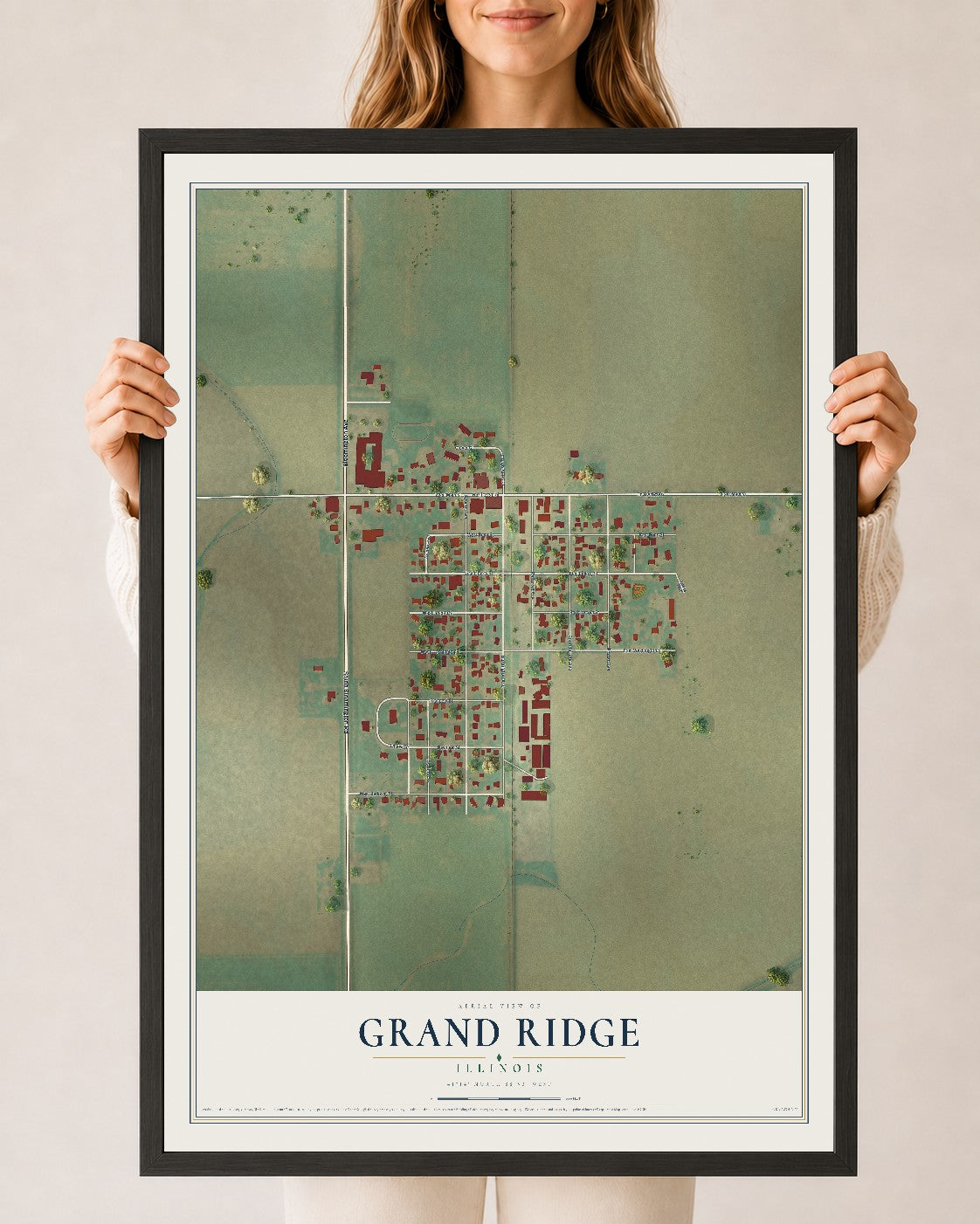 Map of Grand Ridge, Illinois, 24 x 36 inch print in a black wood frame