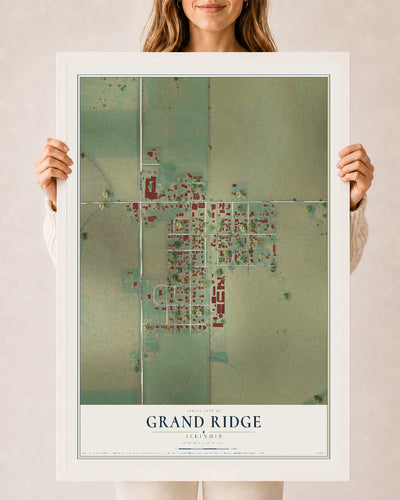 Map of Grand Ridge, Illinois, 24 x 36 inch print in a white wood frame