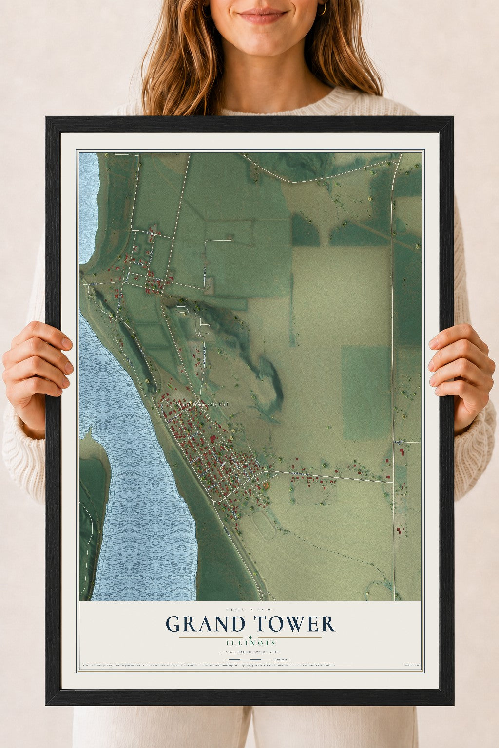Map of Grand Tower, Illinois, 18 x 24 inch print in a black wood frame