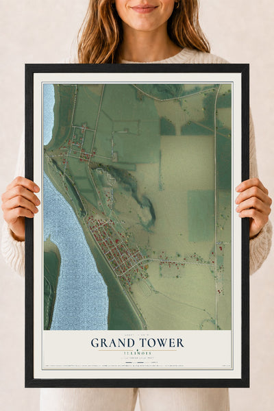 Map of Grand Tower, Illinois, 18 x 24 inch print in a black wood frame