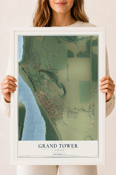 Map of Grand Tower, Illinois, 18 x 24 inch print in a white wood frame