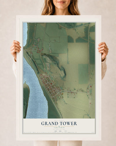 Map of Grand Tower, Illinois, 24 x 36 inch print in a white wood frame