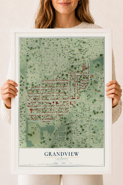 Map of Grandview, Illinois, 18 x 24 inch print in a white wood frame