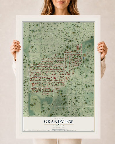 Map of Grandview, Illinois, 24 x 36 inch print in a white wood frame