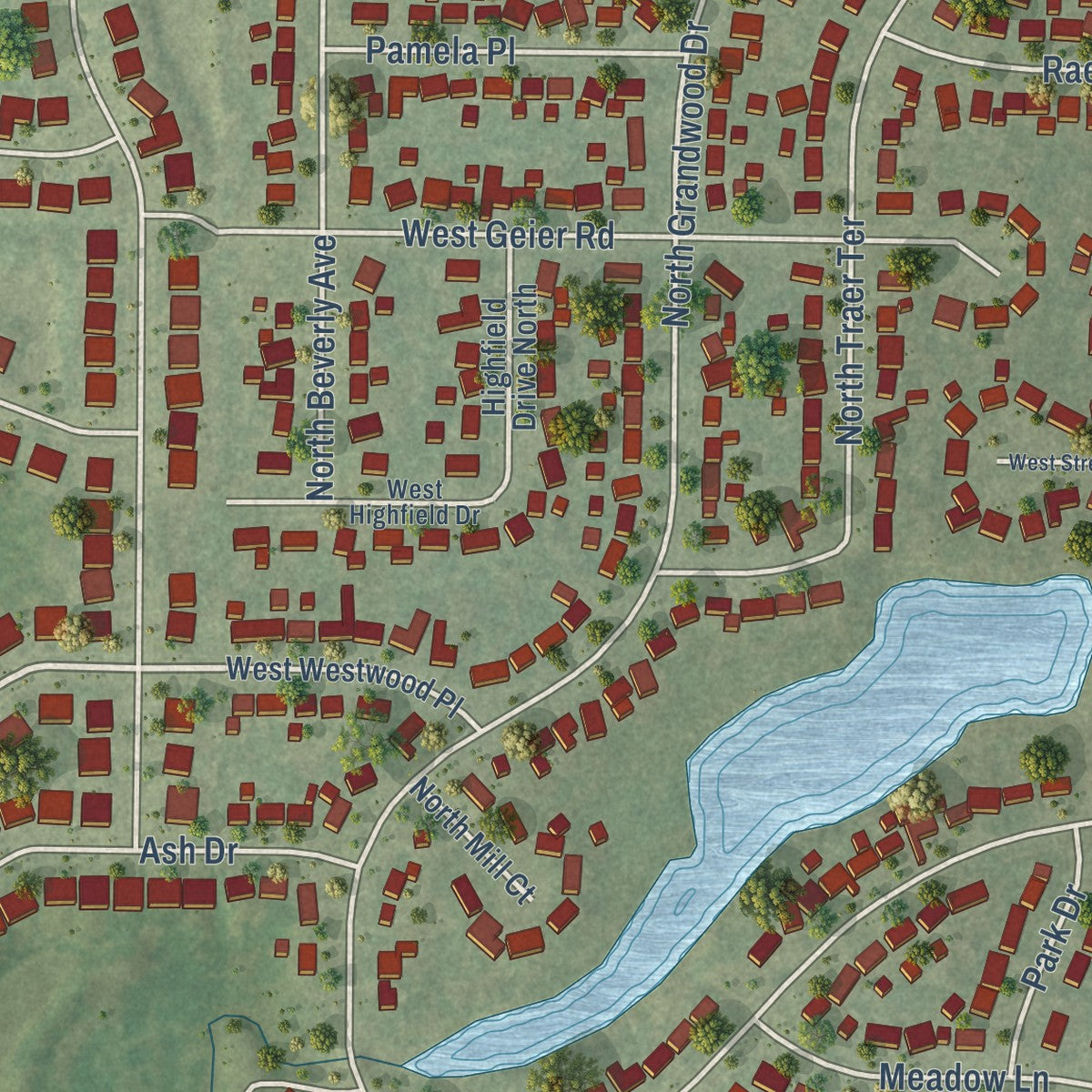 Close-up of the map of Grandwood Park, Illinois print showing street and building detail