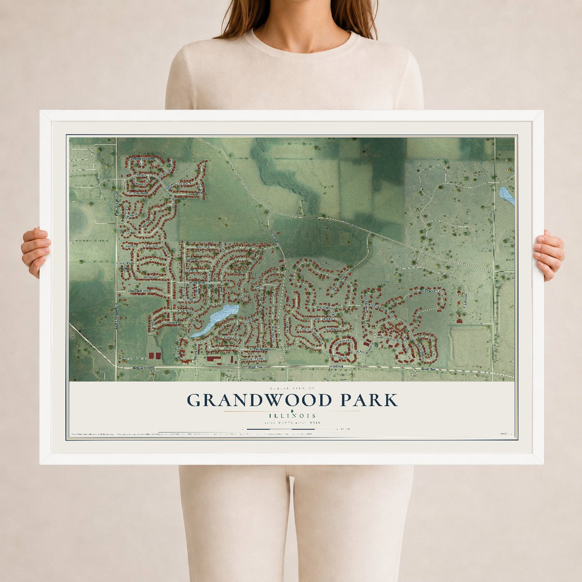 Map of Grandwood Park, Illinois, 24 x 36 inch print in a white wood frame