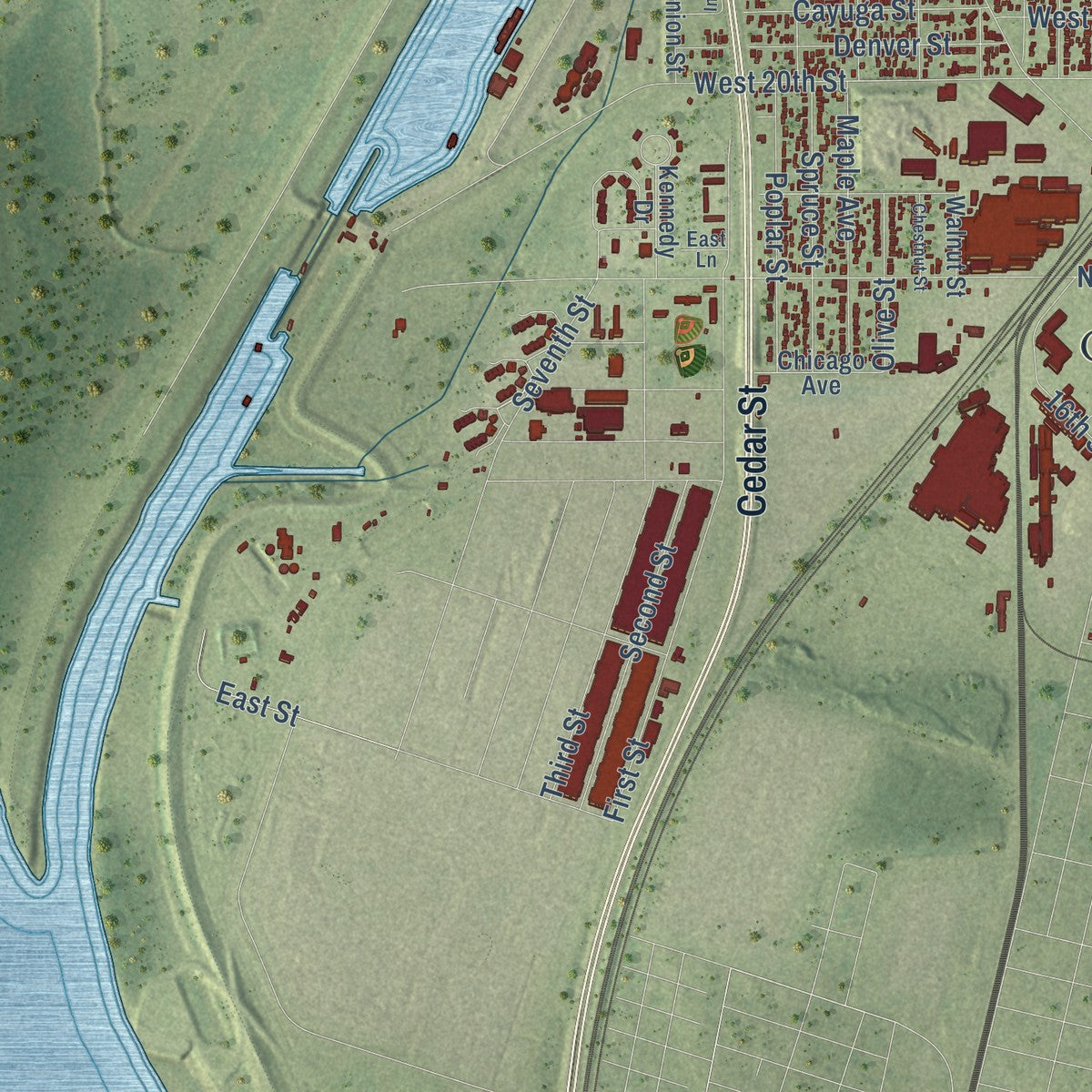 Second close-up of the map of Granite City, Illinois print showing more streets and buildings