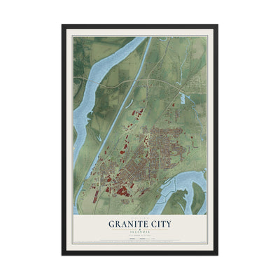 Map of Granite City, Illinois, 12 x 18 inch print in a black wood frame