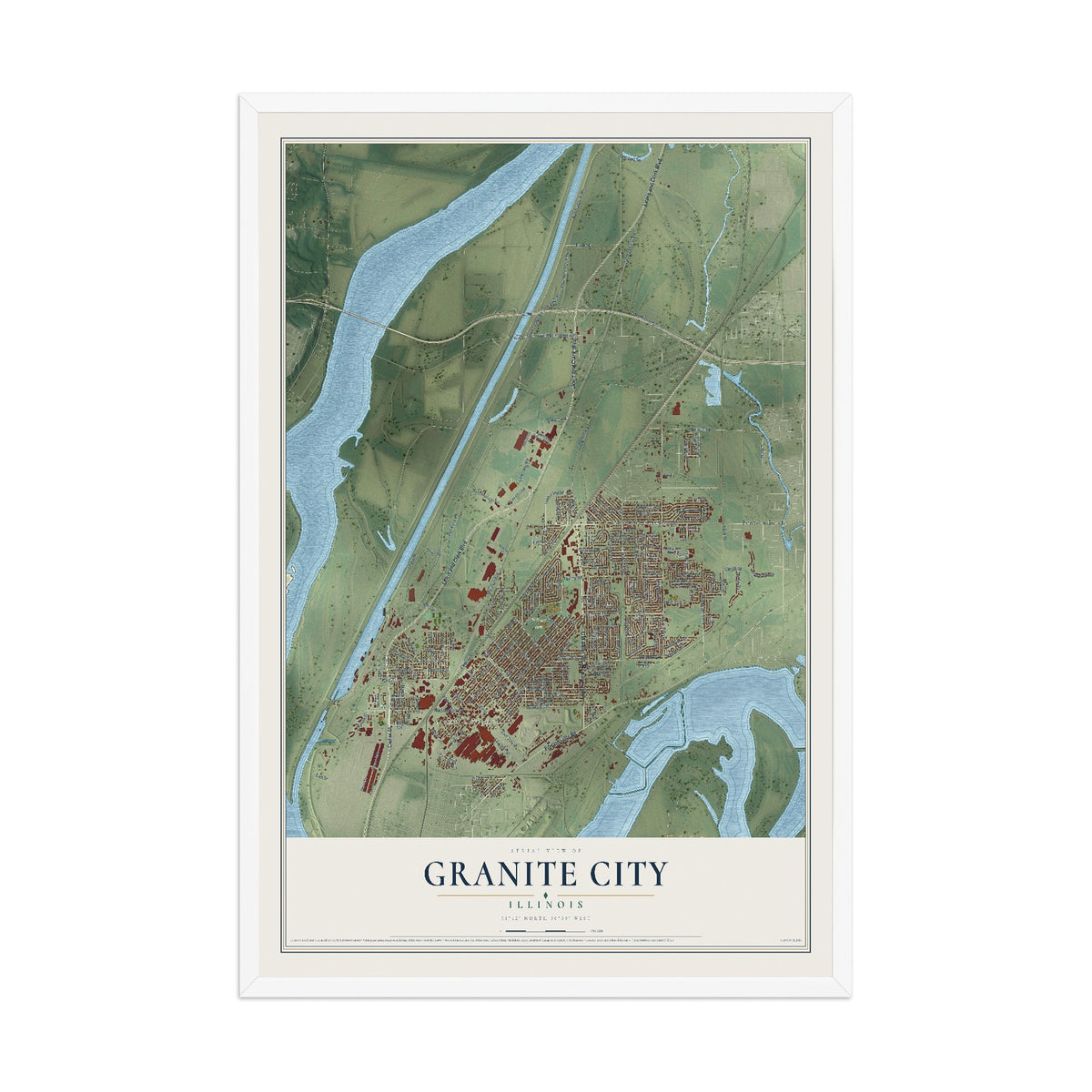 Map of Granite City, Illinois, 12 x 18 inch print in a white wood frame