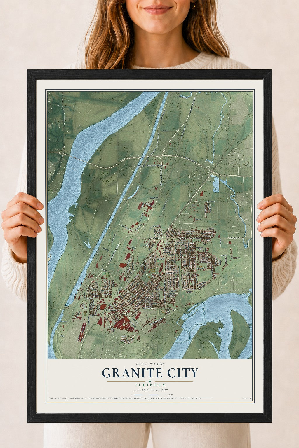 Map of Granite City, Illinois, 18 x 24 inch print in a black wood frame