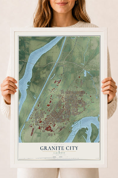 Map of Granite City, Illinois, 18 x 24 inch print in a white wood frame