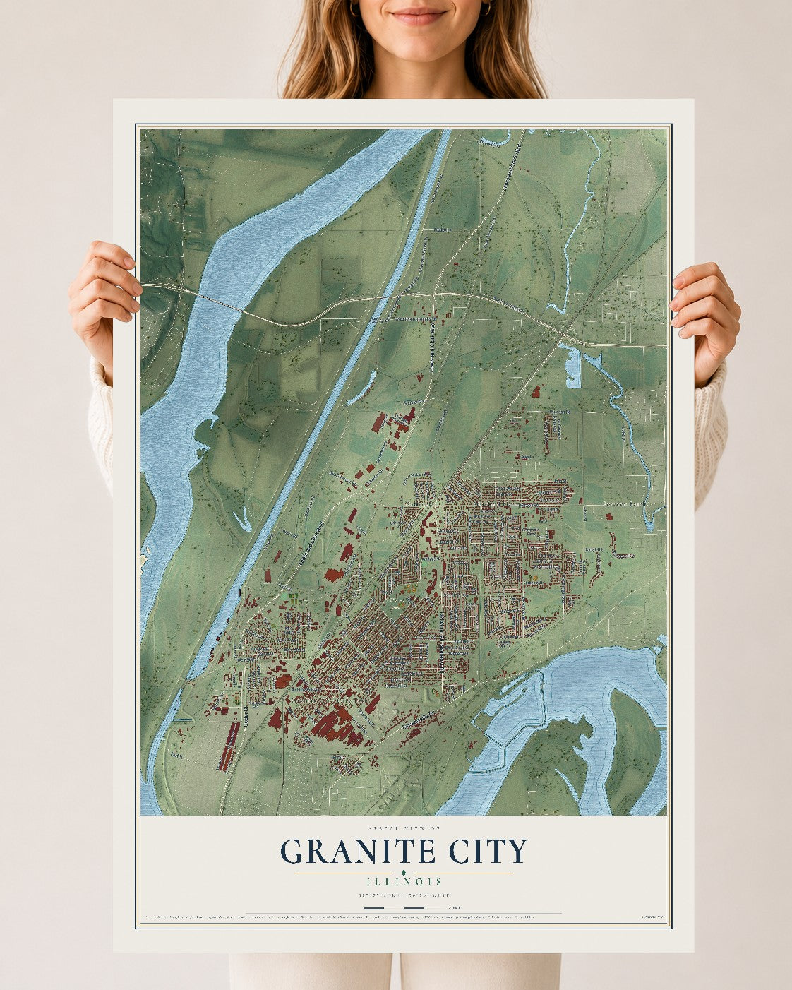 Map of Granite City, Illinois, 24 x 36 inch unframed archival matte print