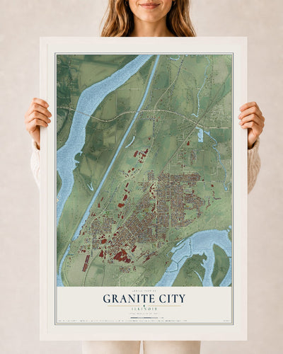 Map of Granite City, Illinois, 24 x 36 inch print in a white wood frame