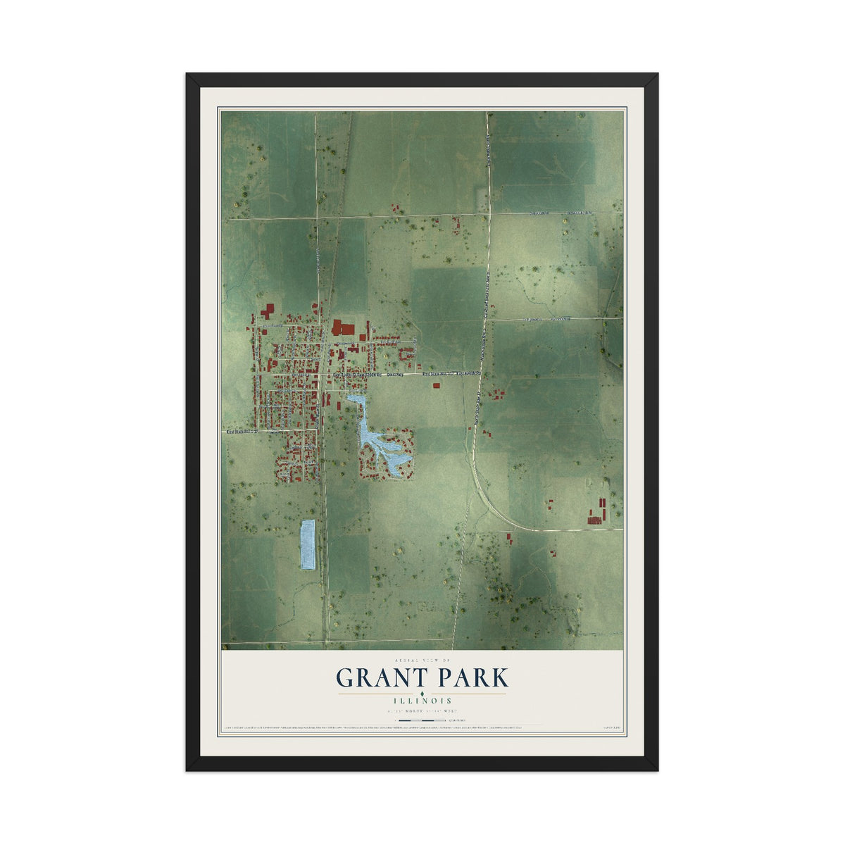 Map of Grant Park, Illinois, 12 x 18 inch print in a black wood frame