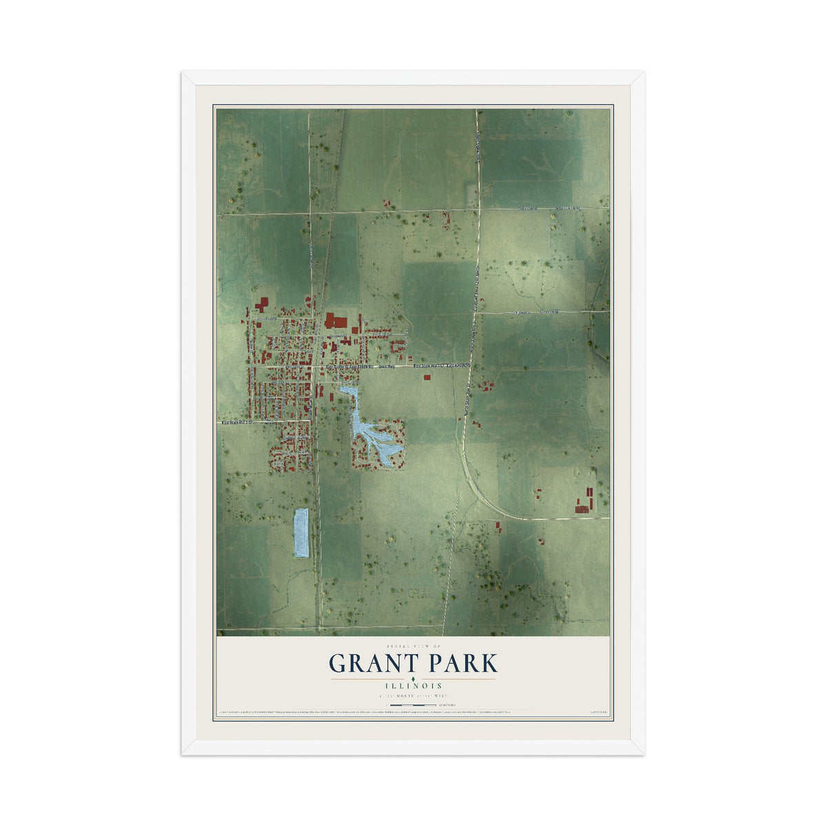 Map of Grant Park, Illinois, 12 x 18 inch print in a white wood frame