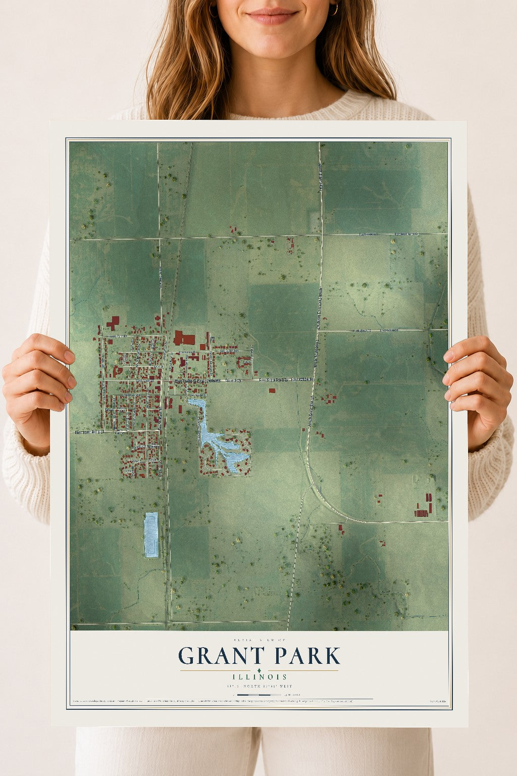 Map of Grant Park, Illinois, 18 x 24 inch unframed archival matte print