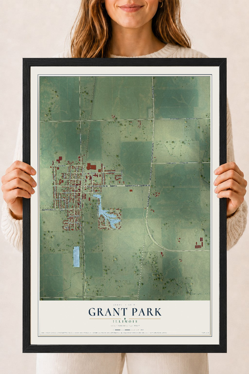 Map of Grant Park, Illinois, 18 x 24 inch print in a black wood frame