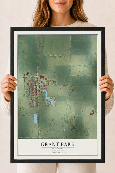 Map of Grant Park, Illinois, 18 x 24 inch print in a black wood frame
