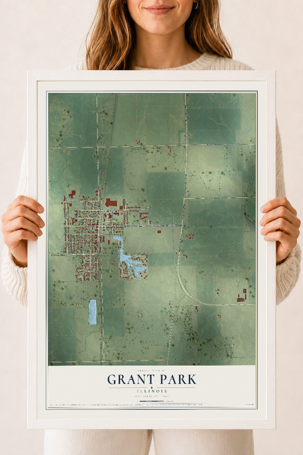 Map of Grant Park, Illinois, 18 x 24 inch print in a white wood frame