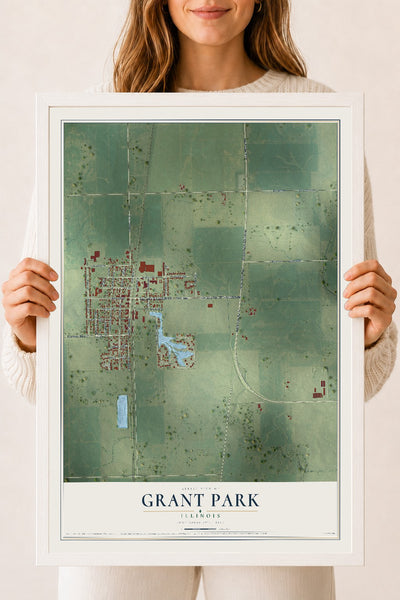 Map of Grant Park, Illinois, 18 x 24 inch print in a white wood frame