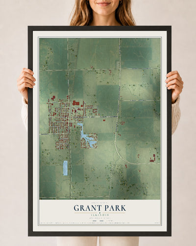 Map of Grant Park, Illinois, 24 x 36 inch print in a black wood frame