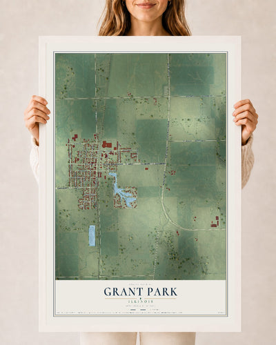 Map of Grant Park, Illinois, 24 x 36 inch print in a white wood frame