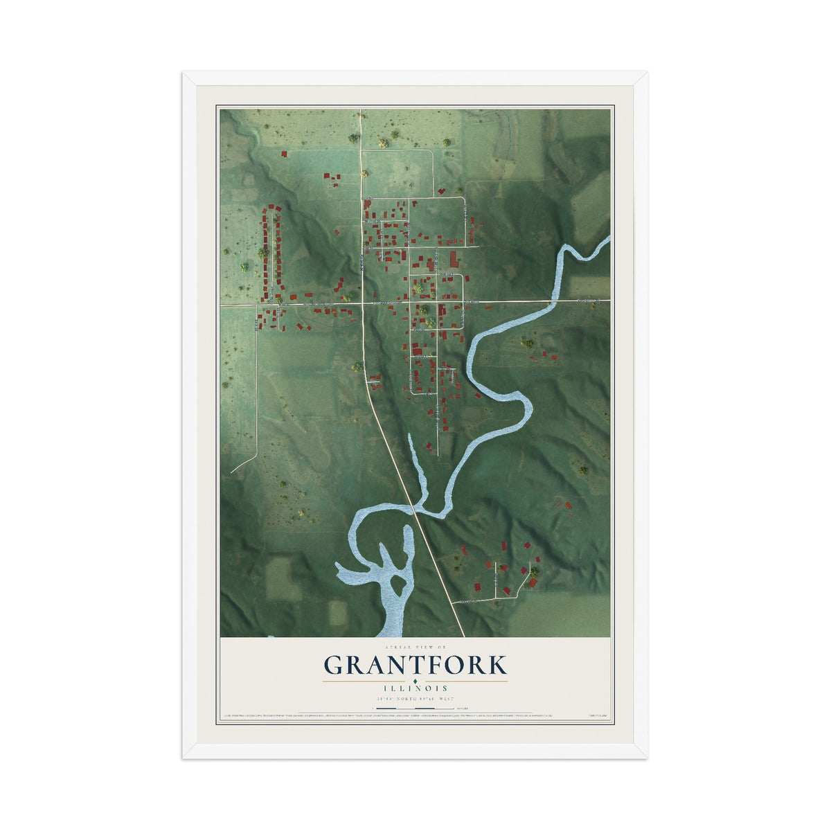 Map of Grantfork, Illinois, 12 x 18 inch print in a white wood frame