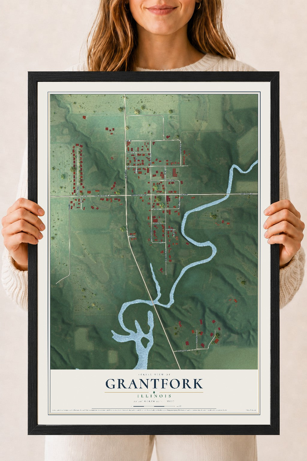 Map of Grantfork, Illinois, 18 x 24 inch print in a black wood frame
