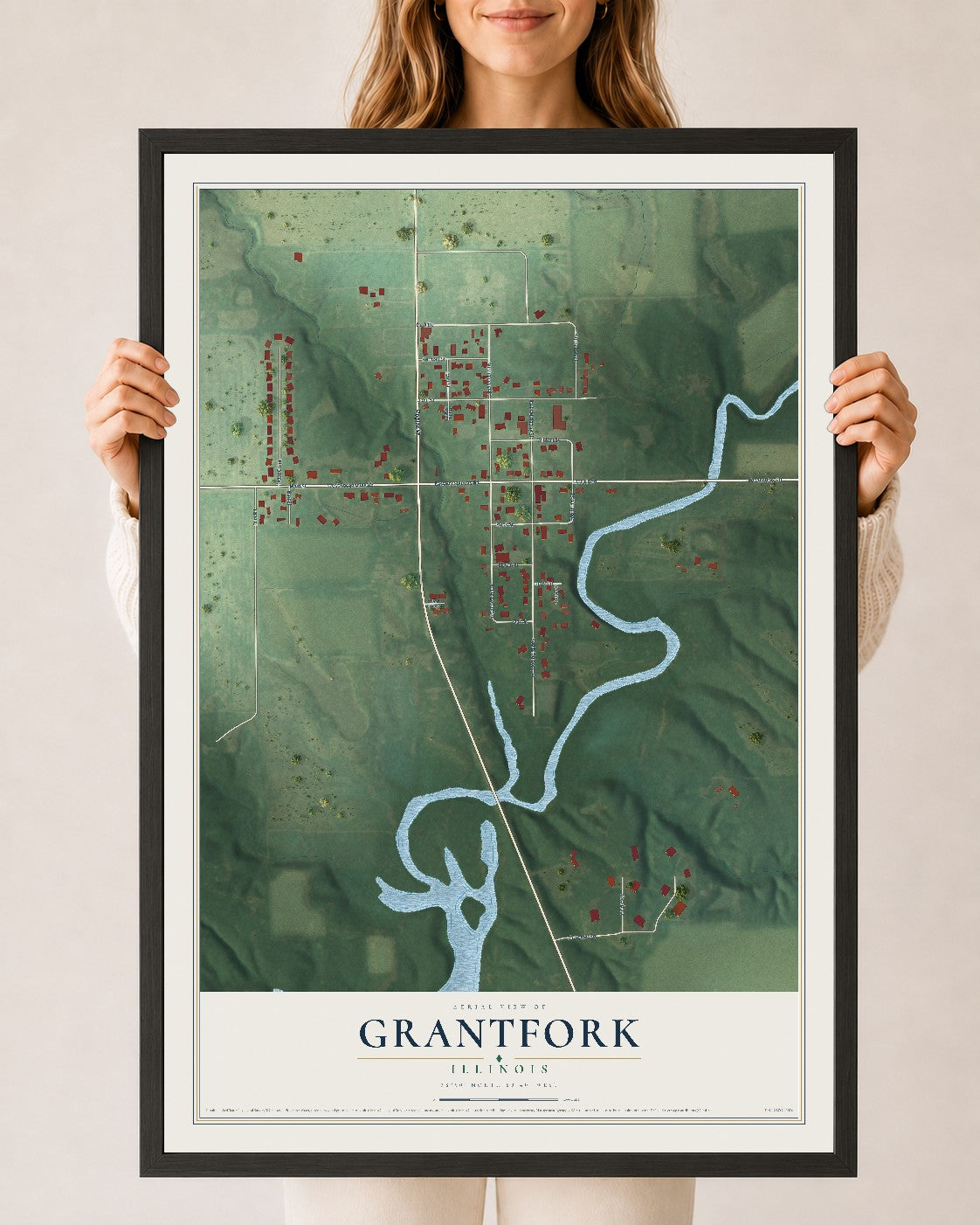 Map of Grantfork, Illinois, 24 x 36 inch print in a black wood frame
