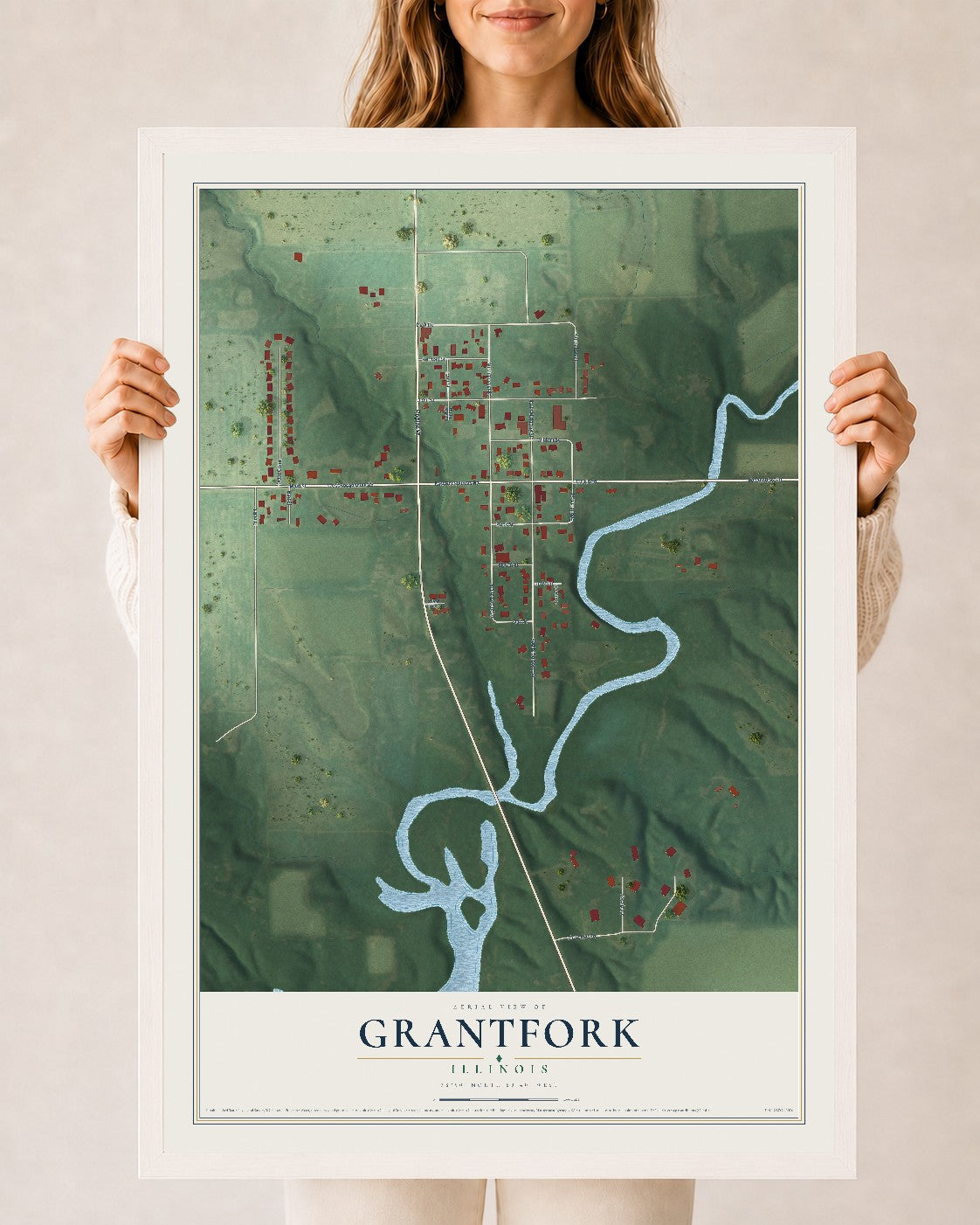 Map of Grantfork, Illinois, 24 x 36 inch print in a white wood frame