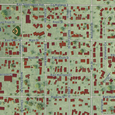 Close-up of the map of Granville, Illinois print showing street and building detail