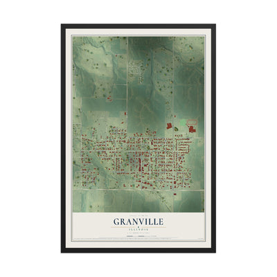 Map of Granville, Illinois, 12 x 18 inch print in a black wood frame