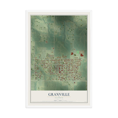 Map of Granville, Illinois, 12 x 18 inch print in a white wood frame